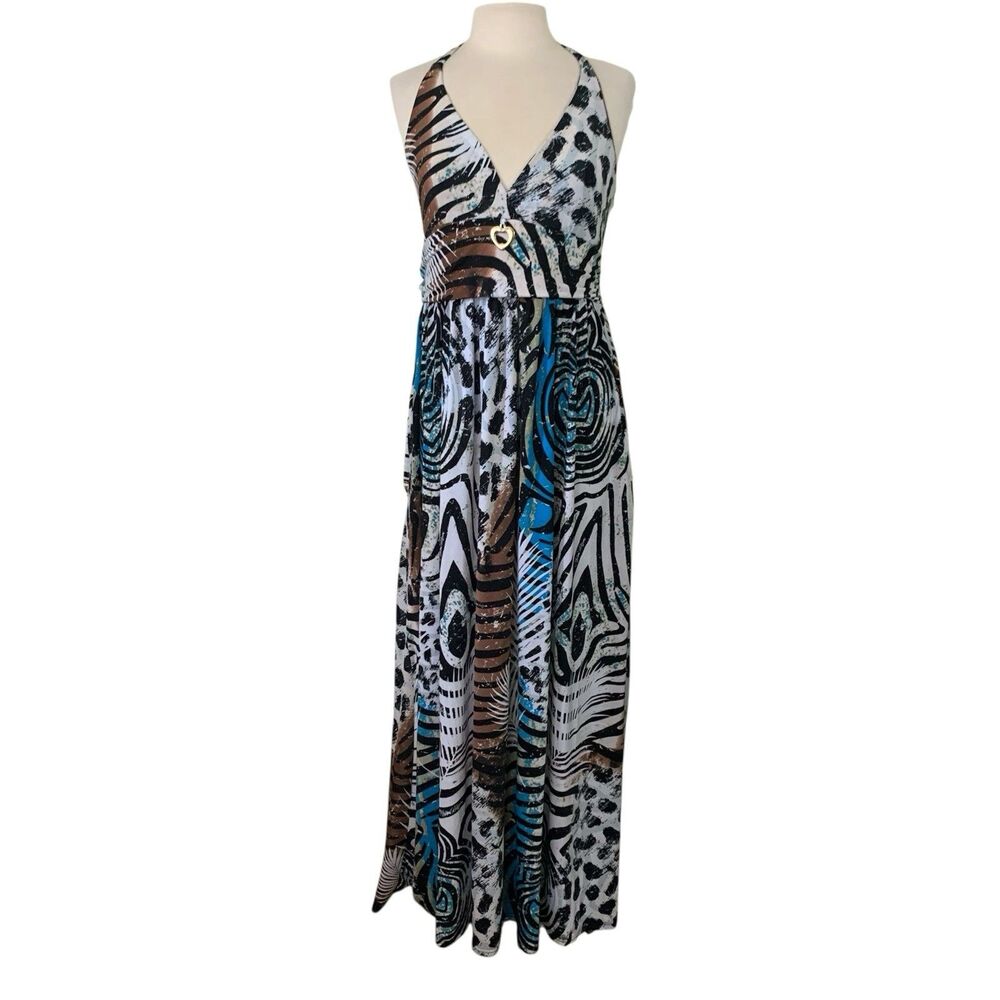 APPLE BOTTOMS Halter Maxi Dress Sz XL Animal Safari Print Y2K Pocket Brown Blue
